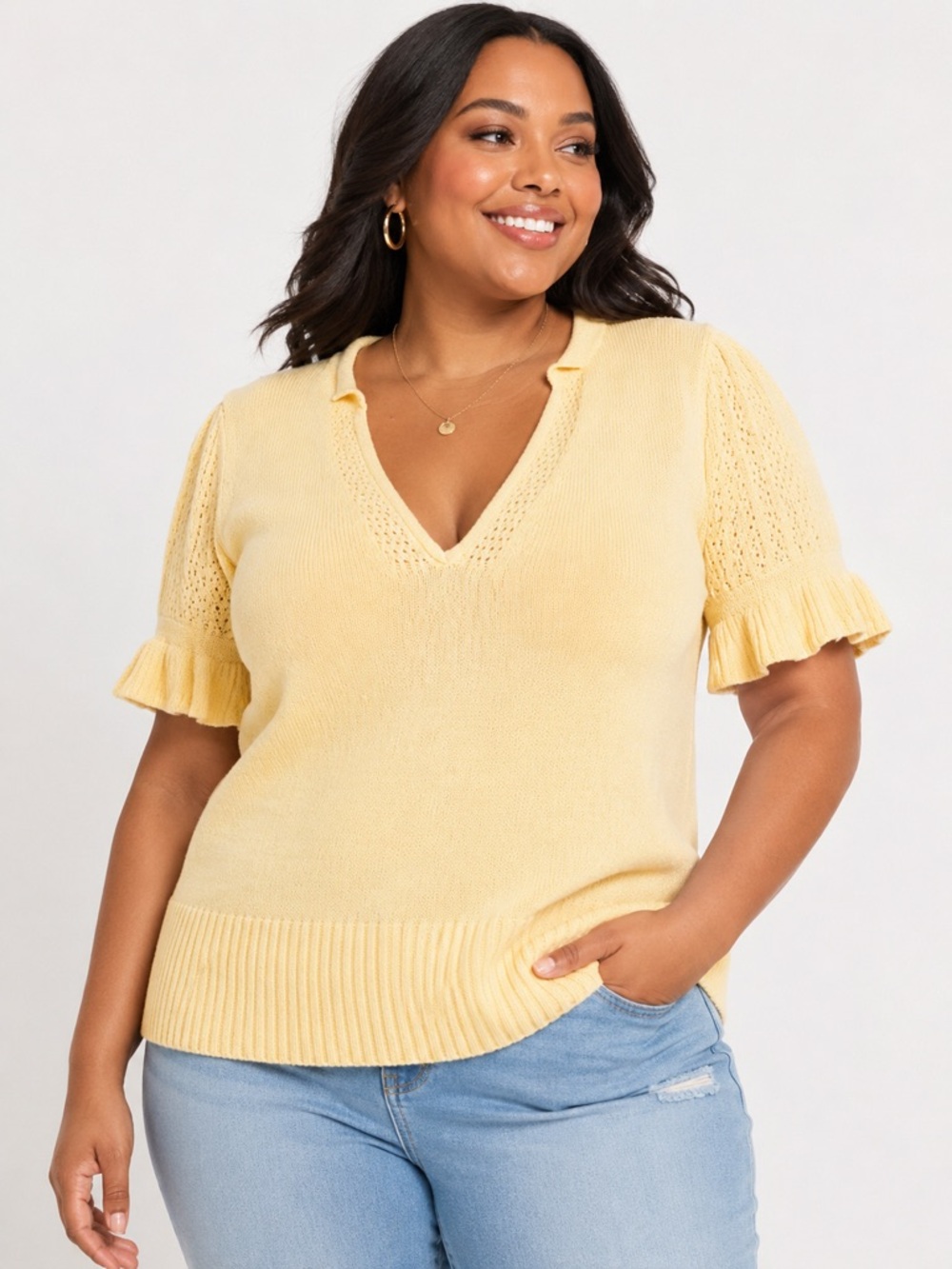 Torrid Size 1 Butter Yellow Puff Sleeve Sweater Top V-Neck Soft Knit Plus Size